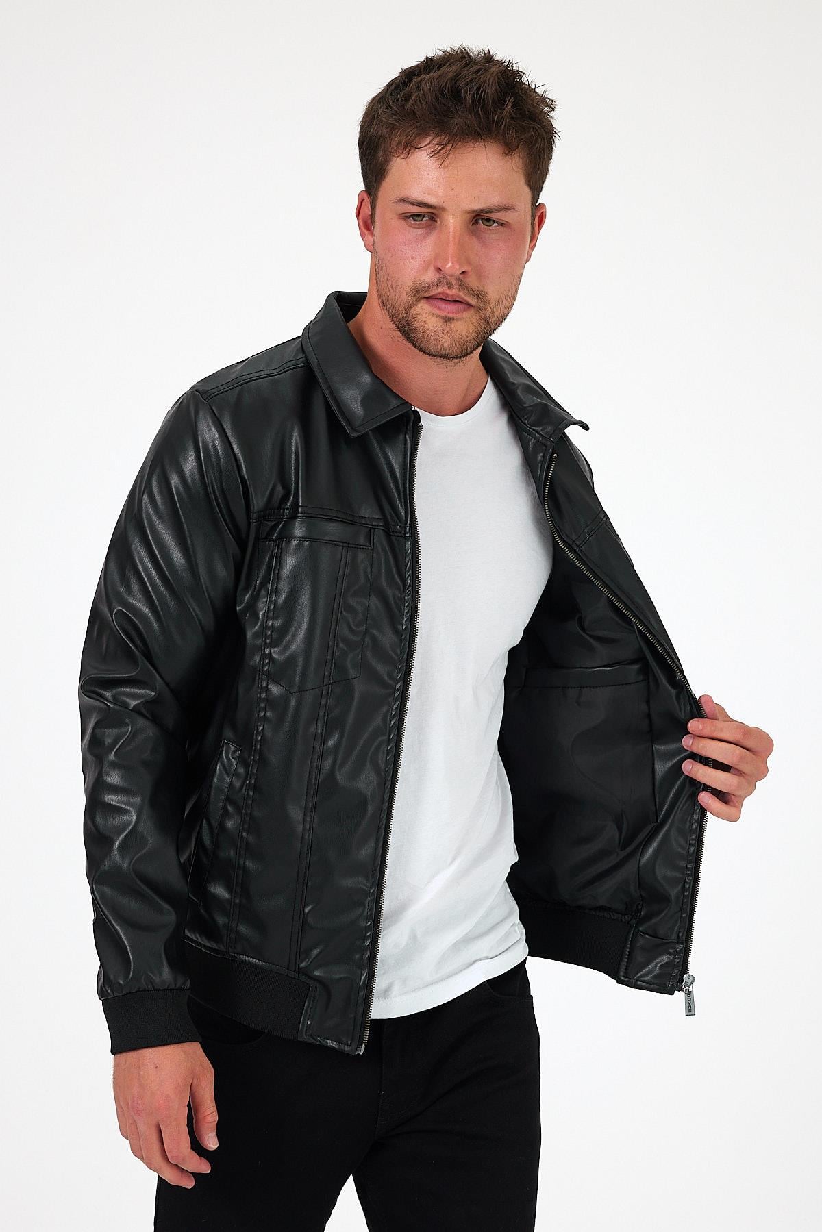 Erkek Yakalı Slim Fit Triko Astarlı Mevsimlik Deri Ceket&Mont