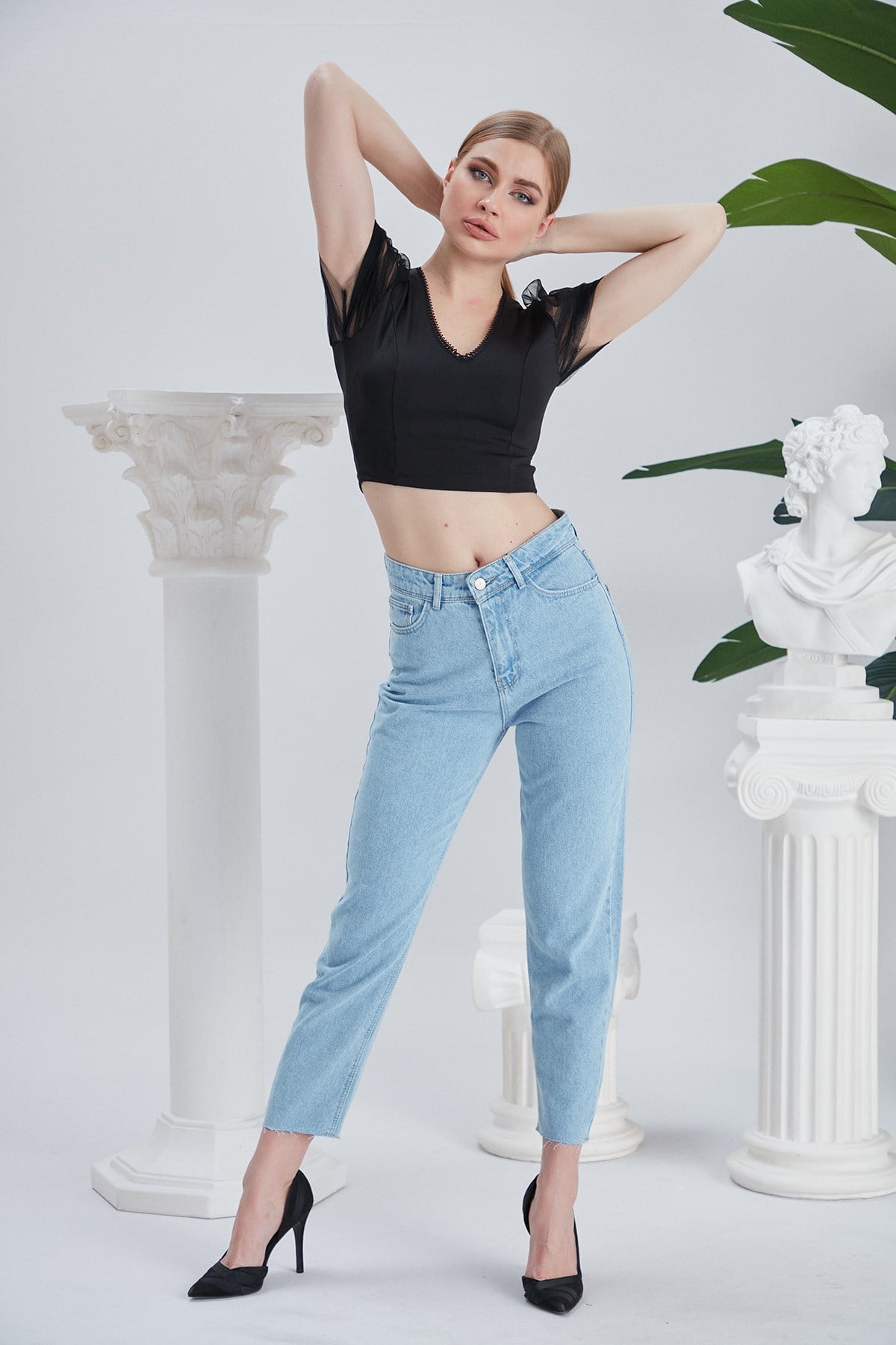 SİVAİST Mavi LAZER KESİM BUZ MAVİSİ Yüksek Bel Skinny Jeans
