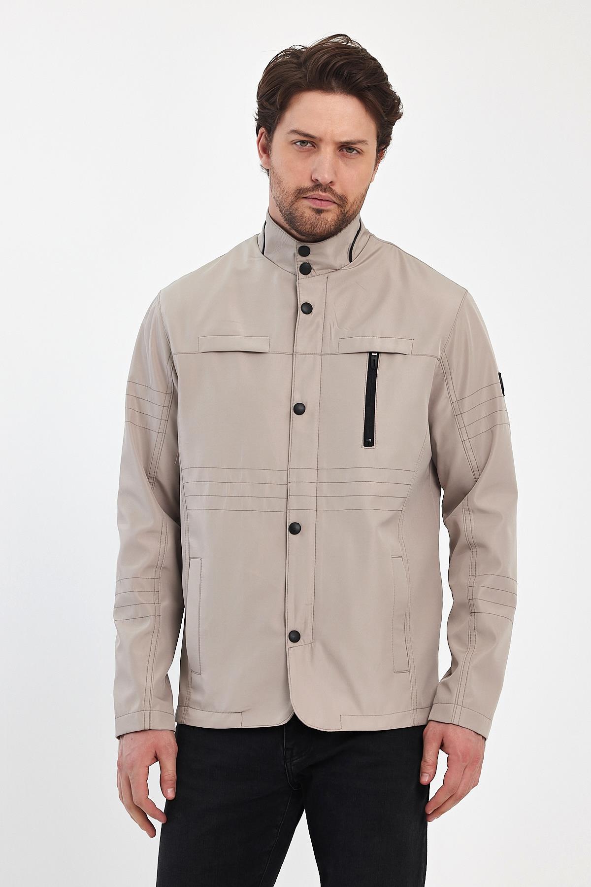 Erkek Açık Krem Regular Uzun Mevsimlik Pamuk Polyester Karışımlı Safari Mont&Ceket
