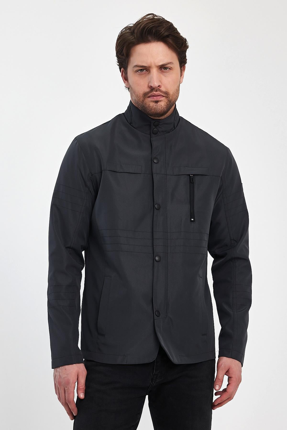 Erkek Gri Hakim Regular Uzun Mevsimlik Pamuk Polyester Karışımlı Safari Mont&Ceket