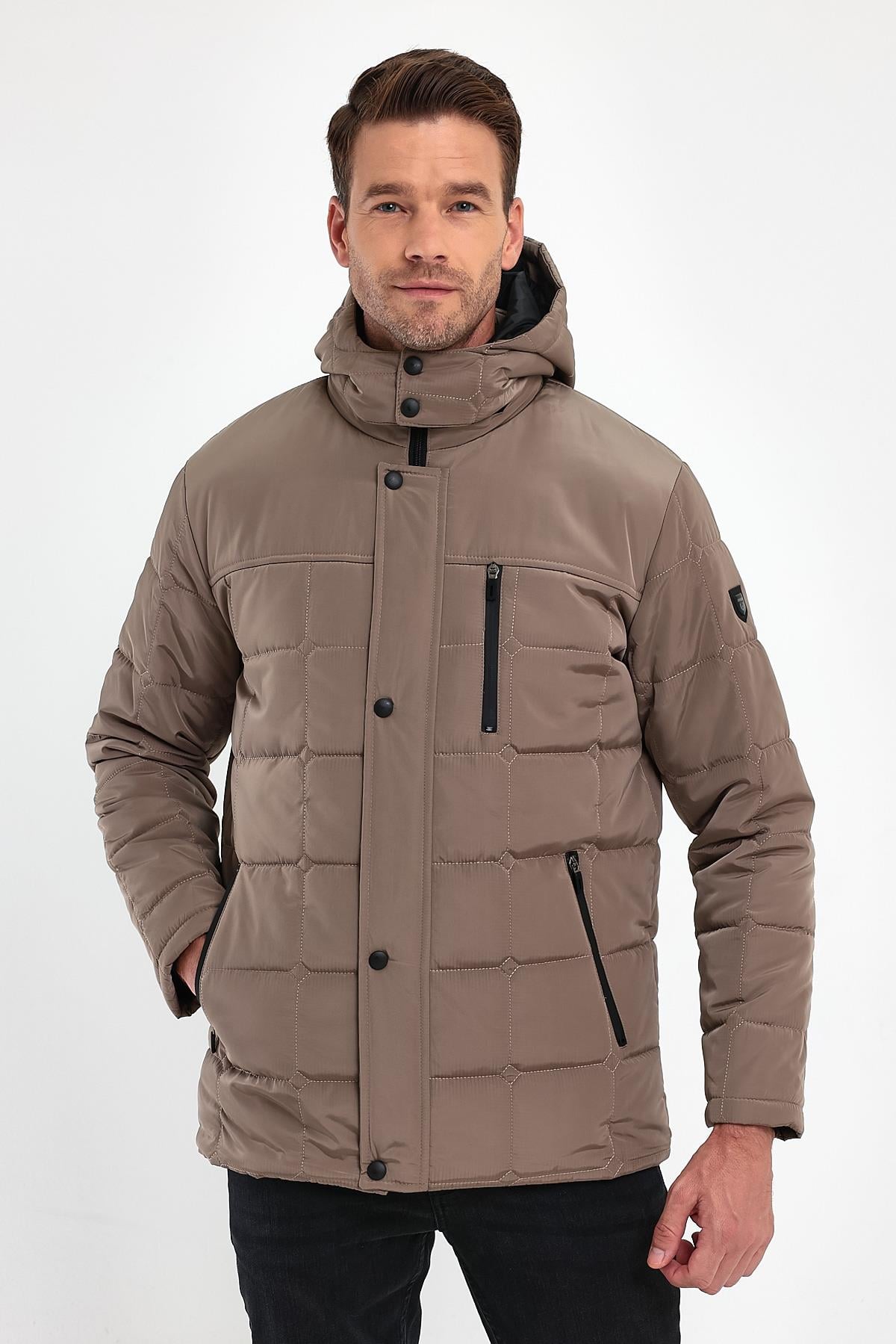 Erkek Krem Standart Fit Normal Kesim Çıkmalı Kapüşon Dik Yaka Mont