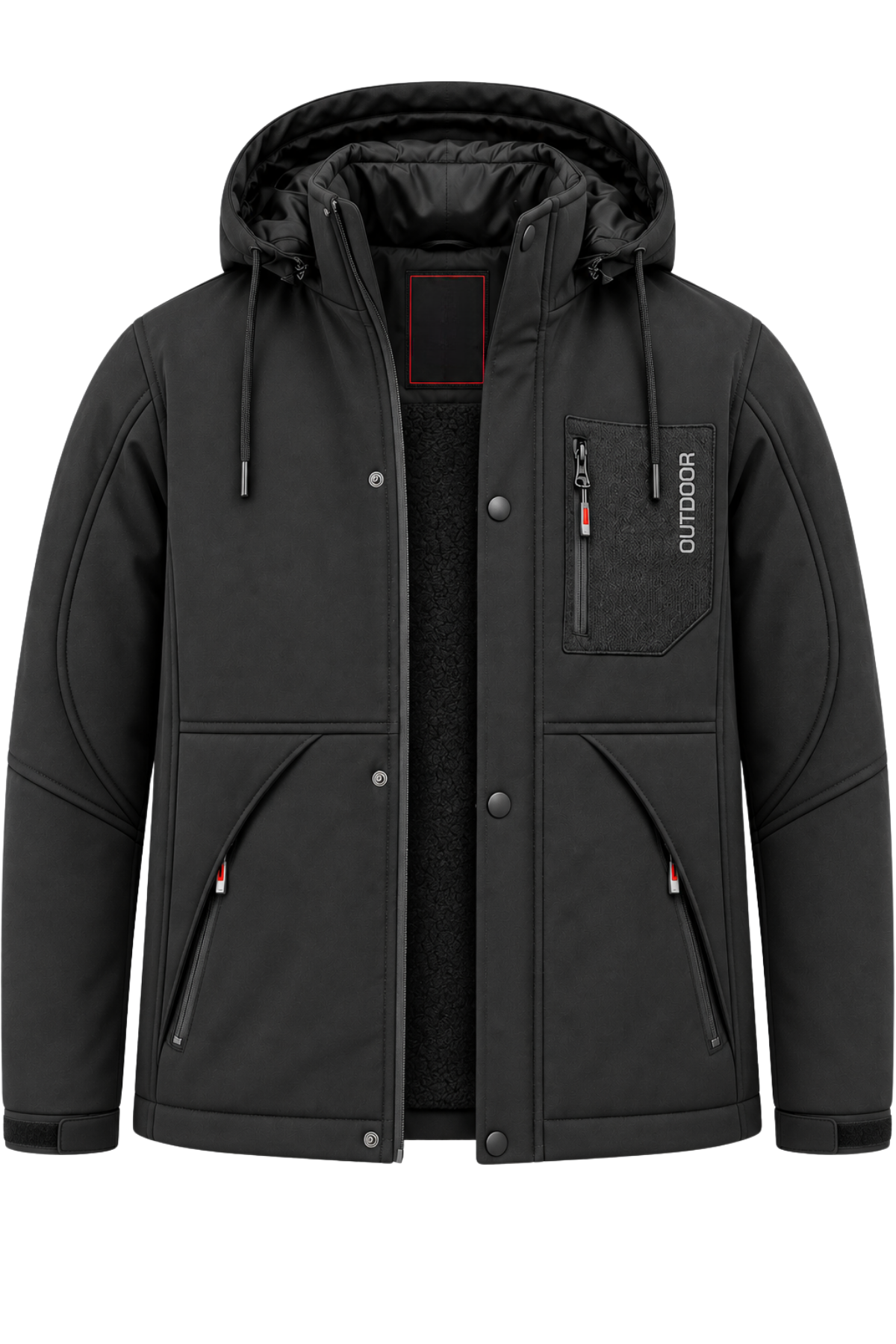 Erkek Siyah Kapüşonlu Kışlık Softshell Suya Dayanıklı Fermuarlı Cepli Outdoor Mont