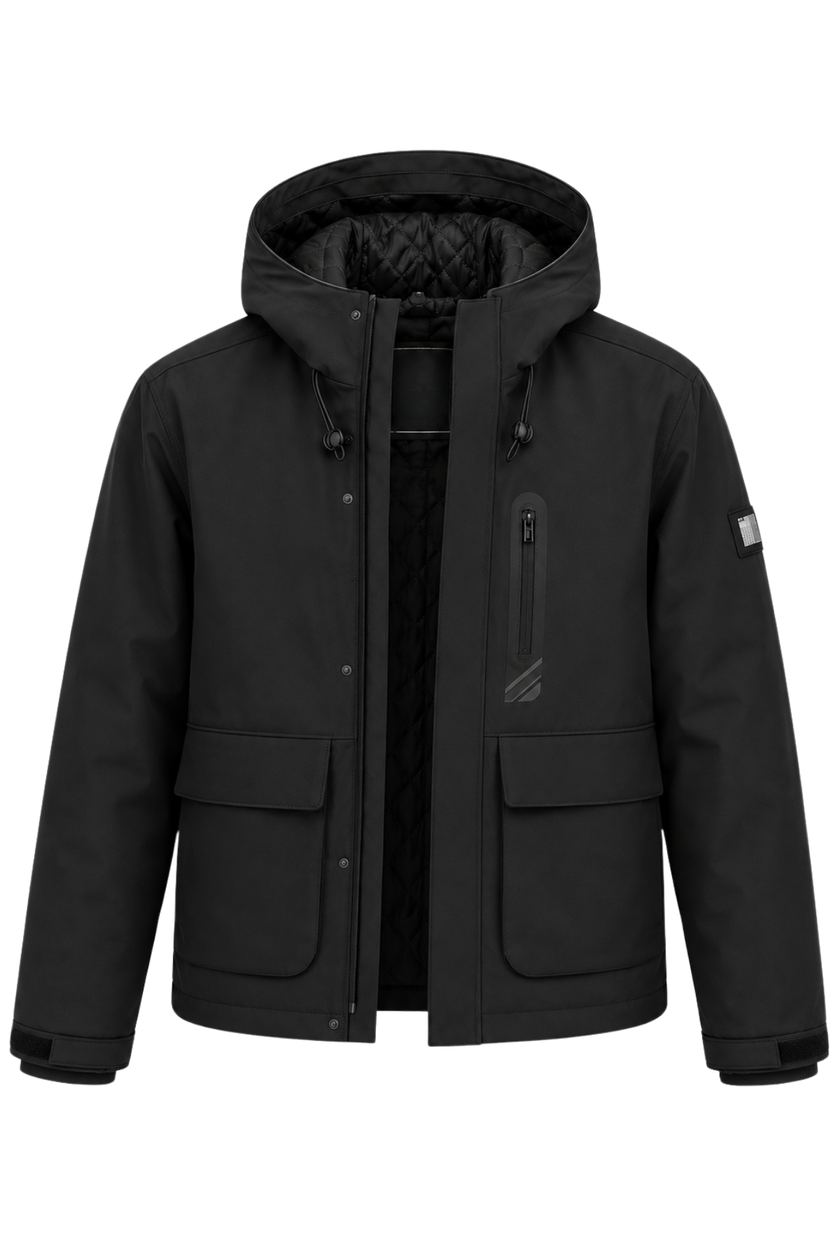 Erkek Siyah Kışlık Mont Kapüşonlu Suya Dayanıklı Fermuarlı Çok Cepli Outdoor Mont&Kaban