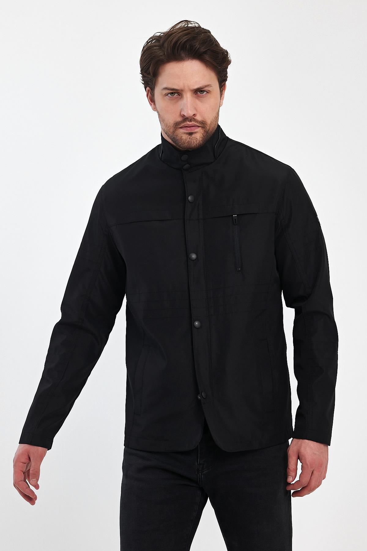 Erkek Siyah Regular Uzun Mevsimlik Pamuk Polyester Karışımlı Safari Mont&Ceket