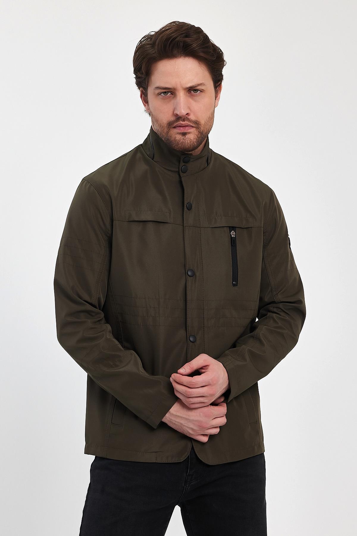 Erkek Yeşil Regular Uzun Mevsimlik Pamuk Polyester Karışımlı Safari Mont&Ceket