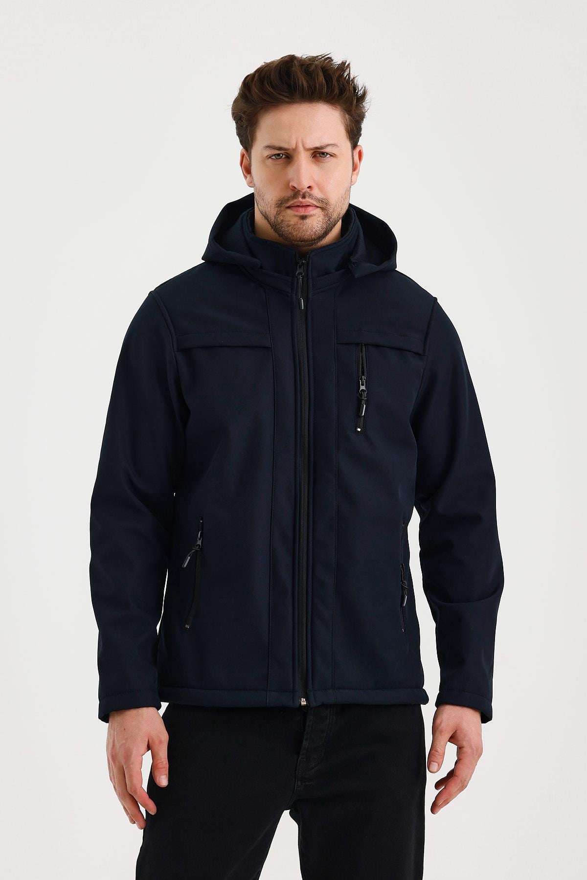 Lacivert Erkek %100 Su Geçirmez İçi Polarlı İç Çepli Çıkartılabilir Kapüşonlu Softshell Mont&Kaban 