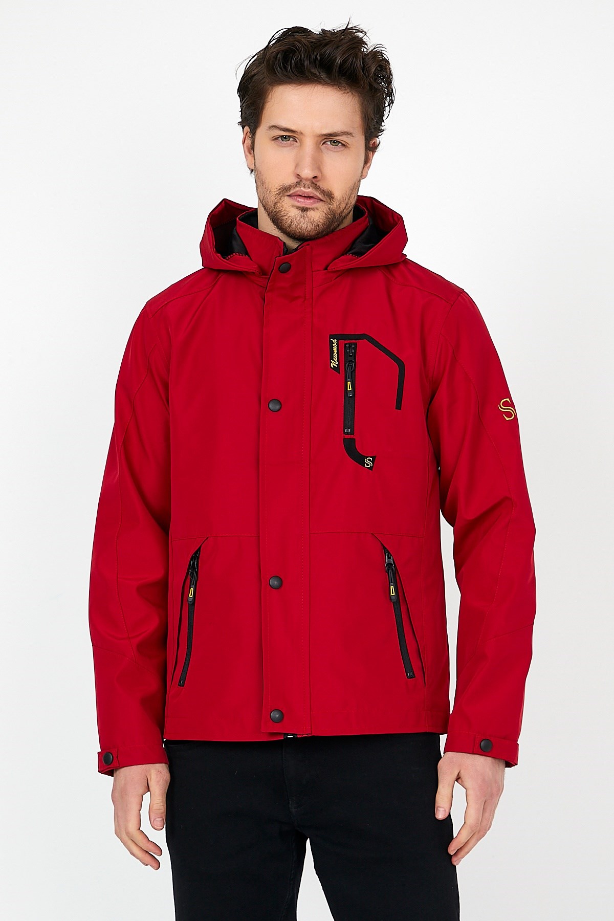 YENİ SEZON ERKEK KIRMIZI SOFTSHELL KAPÜŞONLU İÇ CEPLİ SU VE RÜZGAR GEÇİRMEZ MEVSİMLİK&YAZLIK MONT