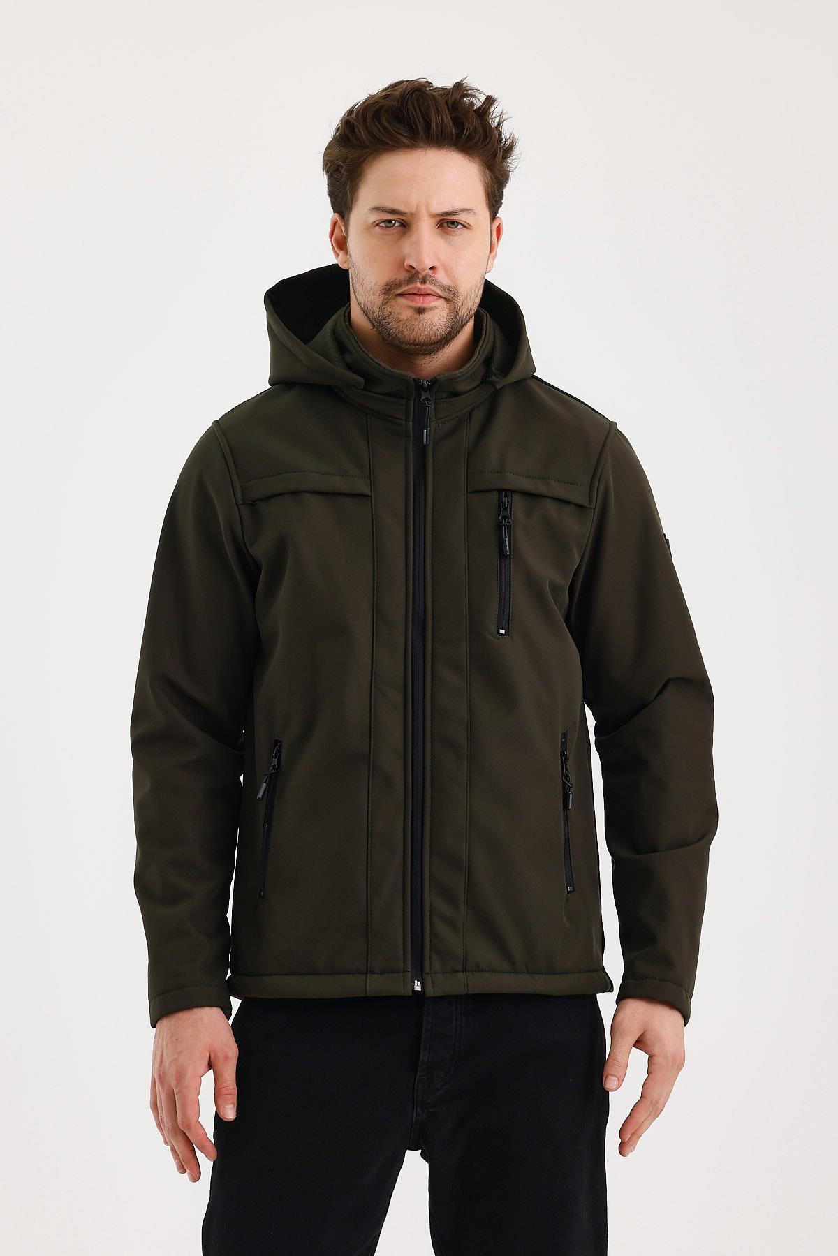 Yeşil Erkek %100 Su Geçirmez İçi Polarlı İç Çepli Çıkartılabilir Kapüşonlu Softshell Mont&Kaban 