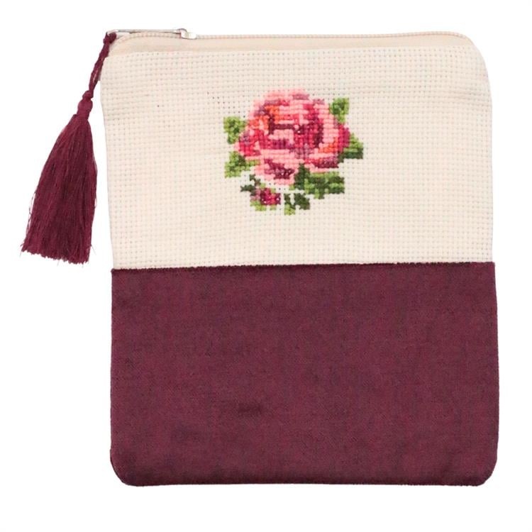 Gül Motifli Kanaviçe Makyaj Çantası