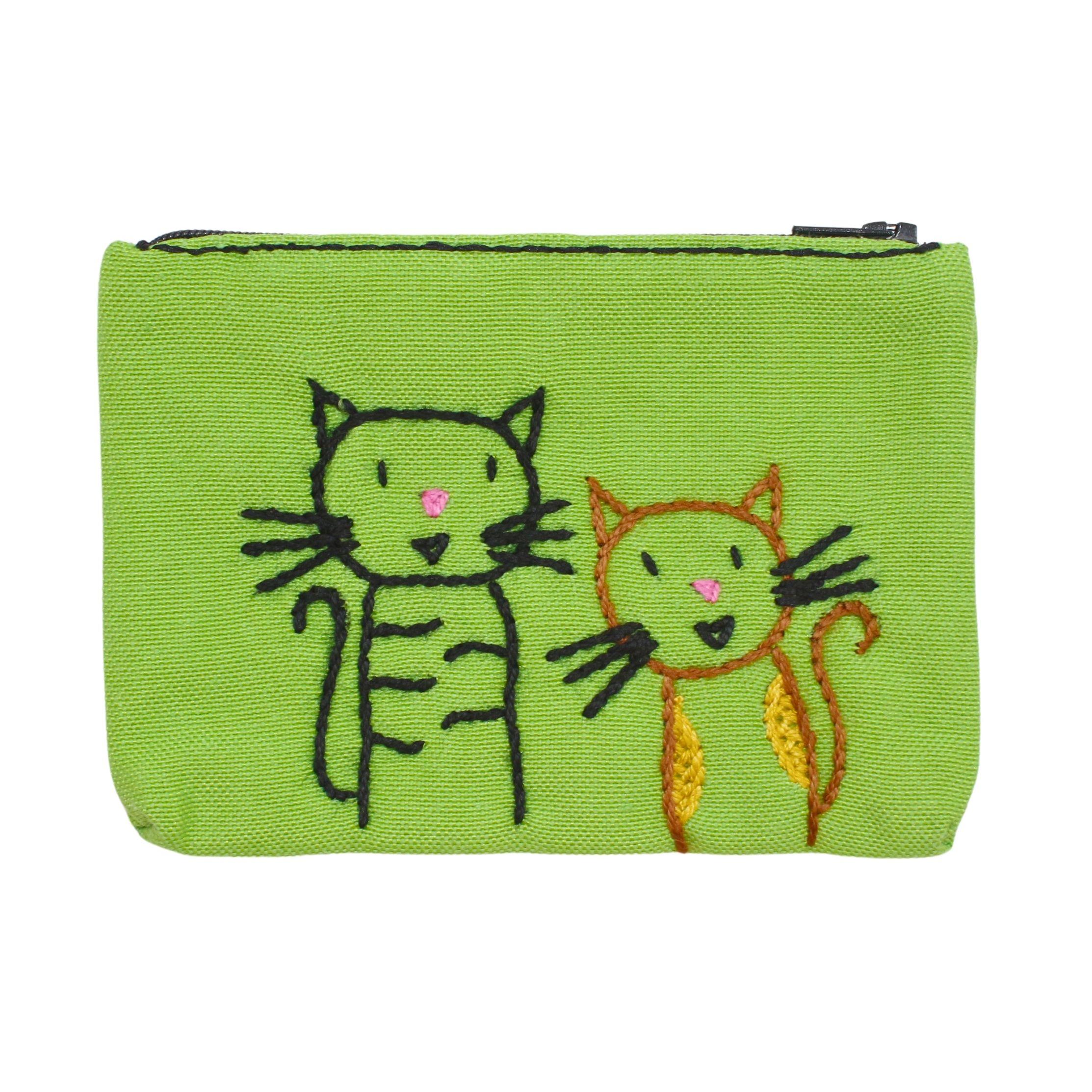 İki Kedi Nakışlı Yeşil Cüzdan