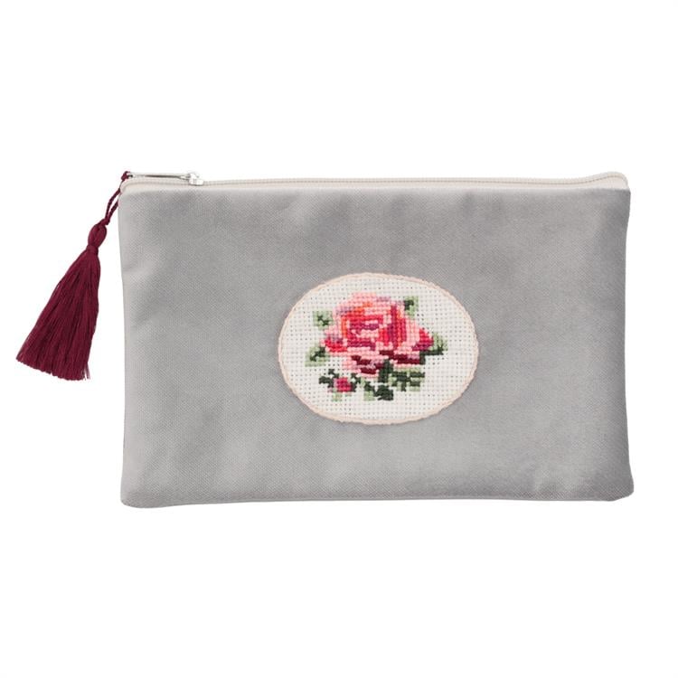 Kadife Kanaviçe Gri Makyaj Çantası