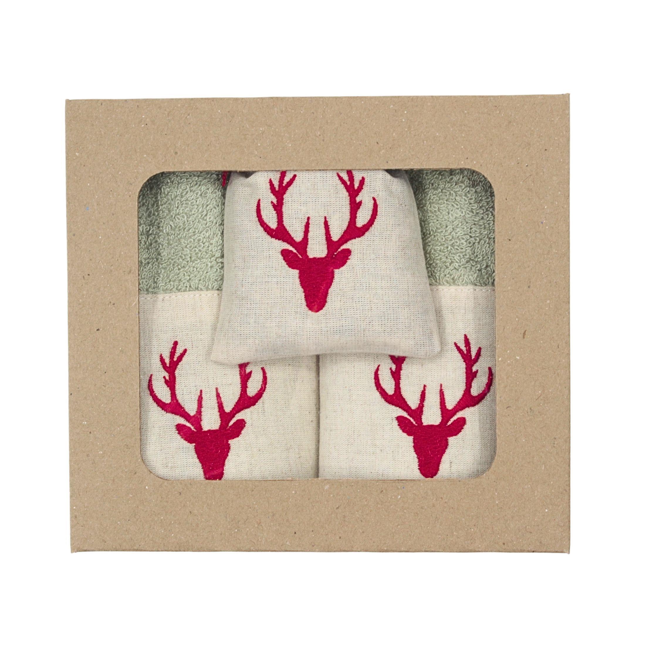 Kırmızı Geyik Nakışlı İkili Havlu Seti