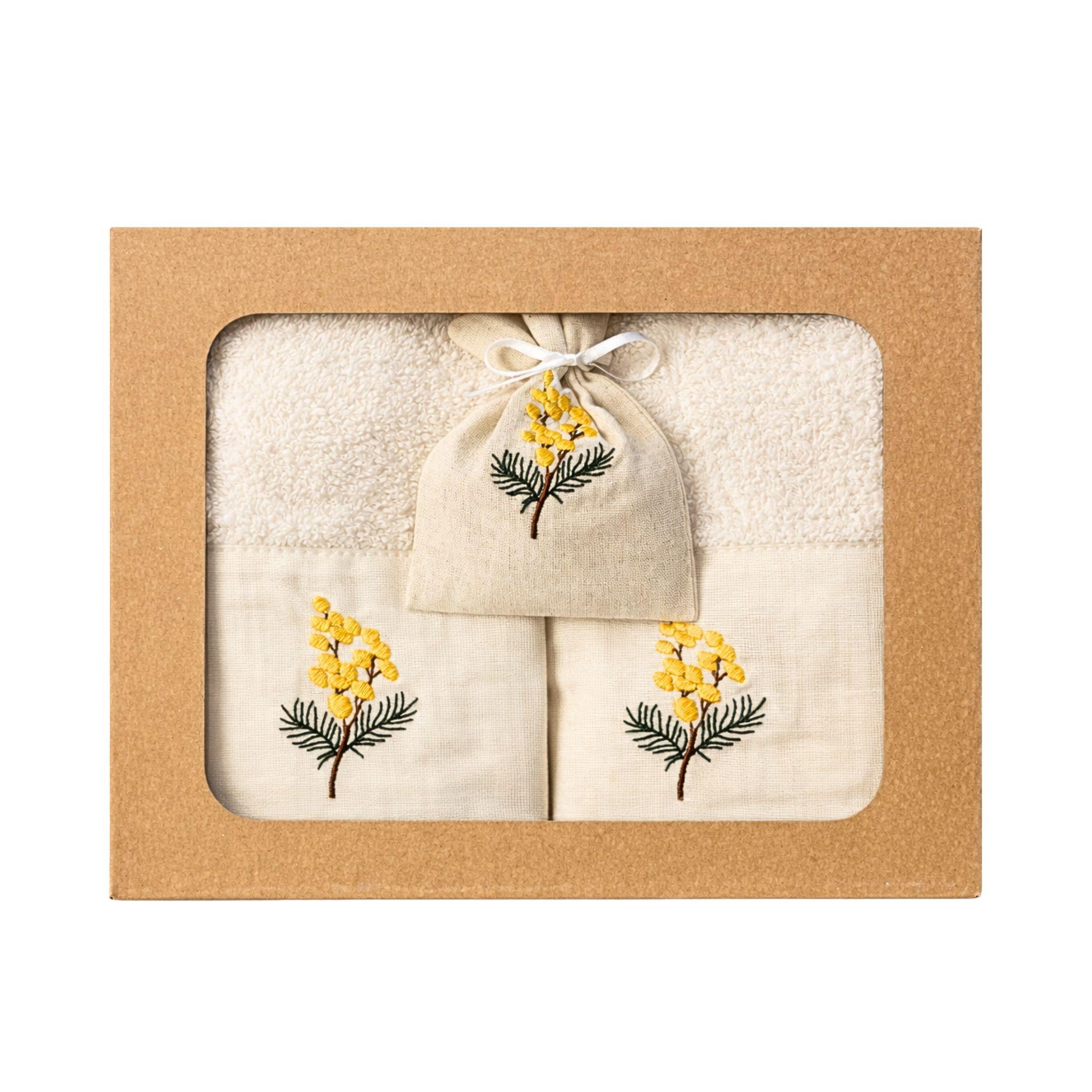 MİMOZA  DESENLİ  2 Lİ HAVLU + LAVANTA KESESİ SETİ