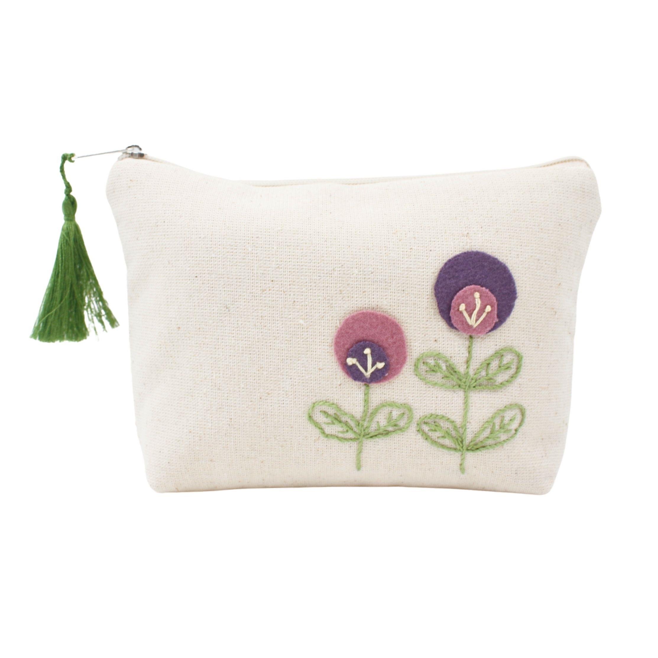Mor Çiçek İşlemeli Makyaj Çantası