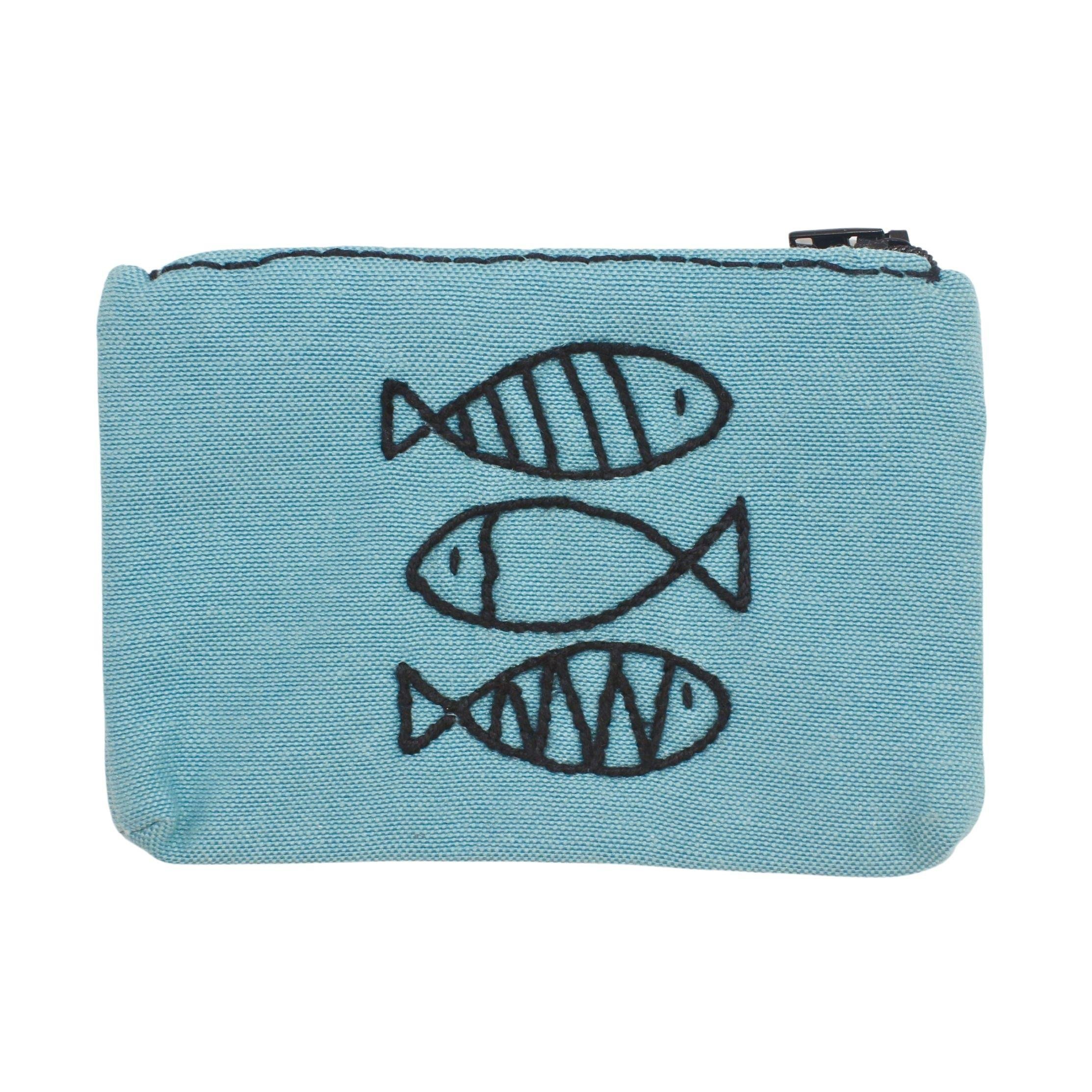 Üç Balık Nakışlı Mavi Cüzdan