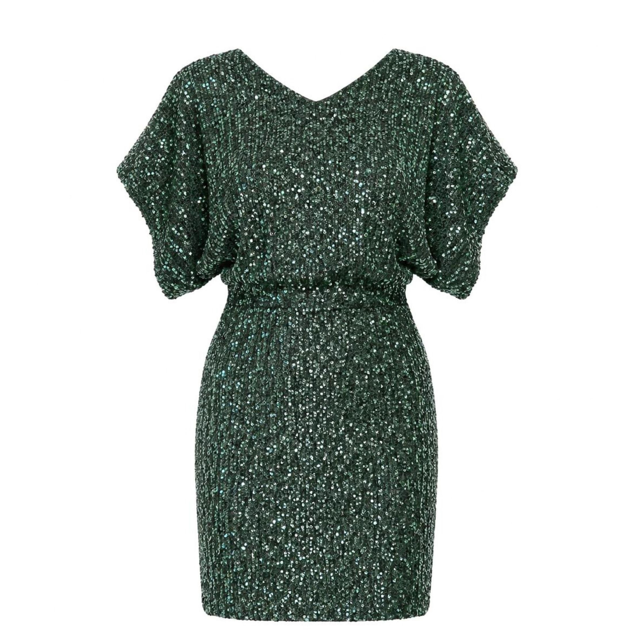 Yeşil Dantel ve Payet İşlemeli Mini Abiye Elbise 