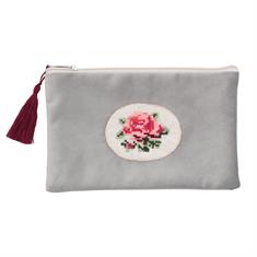 Kadife Kanaviçe Gri Makyaj Çantası