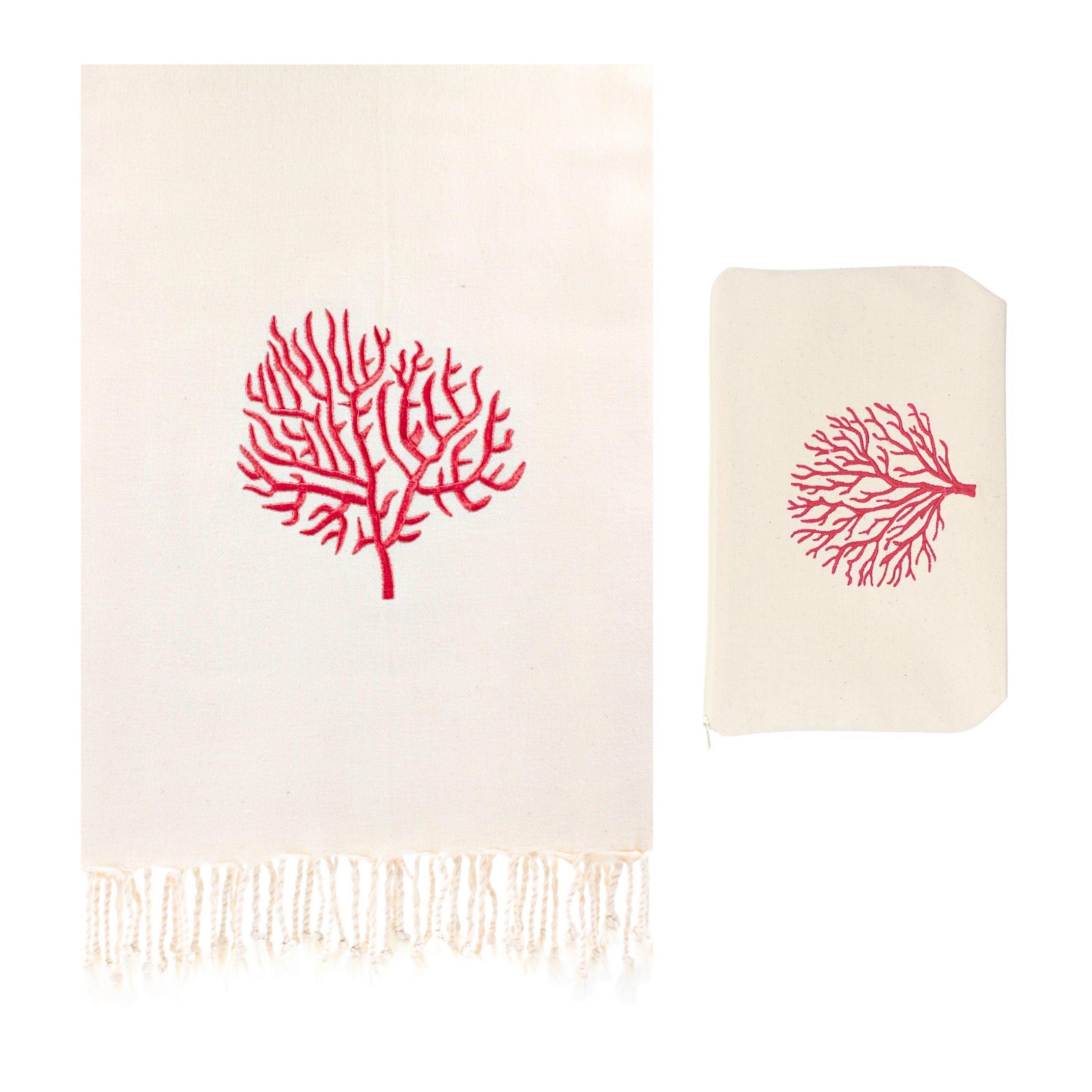 Kırmızı Mercan Nakışlı Peştemal Seti