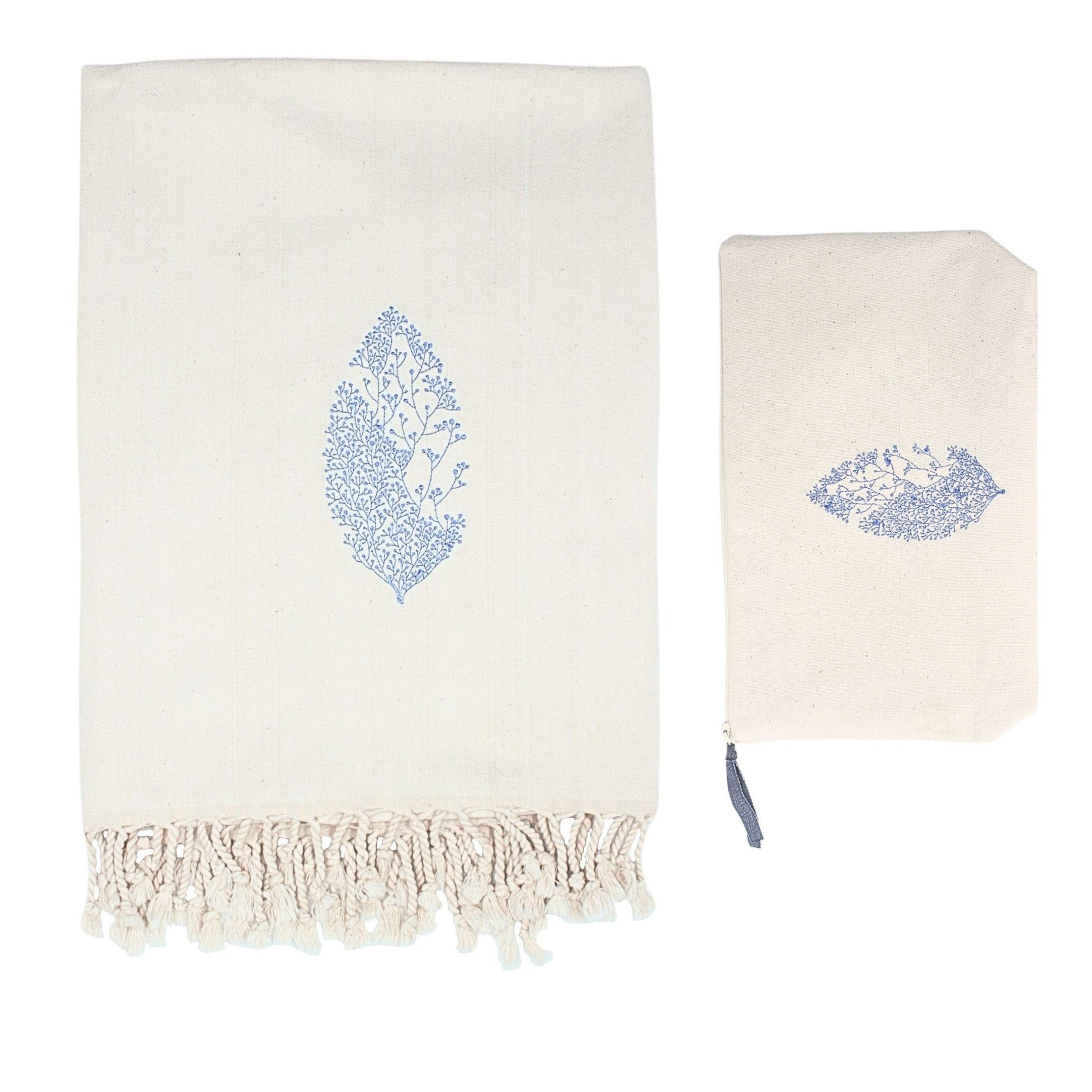 Mavi Yaprak Nakışlı Peştemal Seti