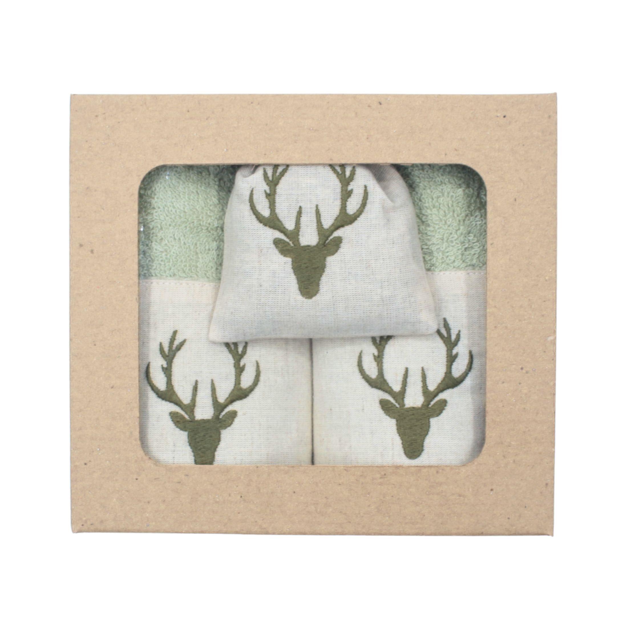 Yeşil Geyik Nakışlı İkili Havlu Seti