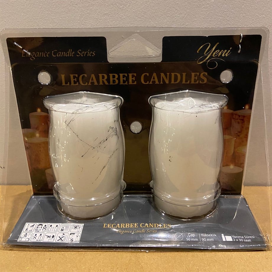  G-210 2 Lİ BEYAZ MERMER DESEN SİLİNDİR MUM 5X9CM - DEKOR MUM