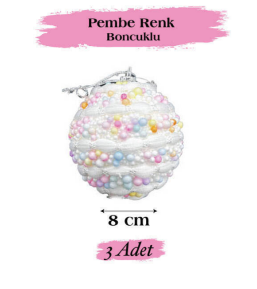 BRS-3786 YILBAŞI TOP SÜS 8 CM PEMBE RENKLİ BONCUKLU 3 LÜ