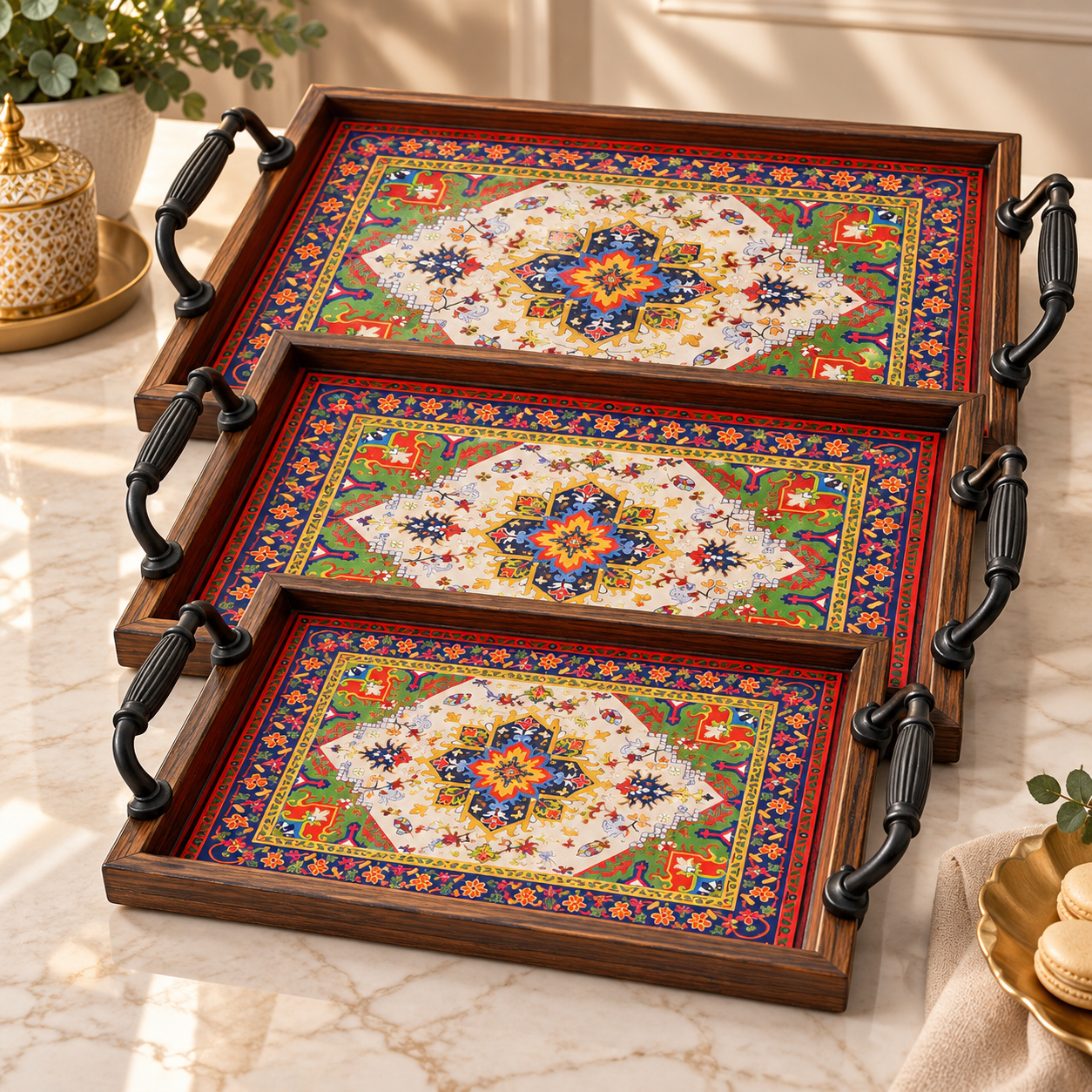 ERT-BMB-205 SELÇUKLU DESENLİ KULPLU BAMBU TEPSİ 3LÜ SET 30x40 CM 25x35 CM 20x30 CM