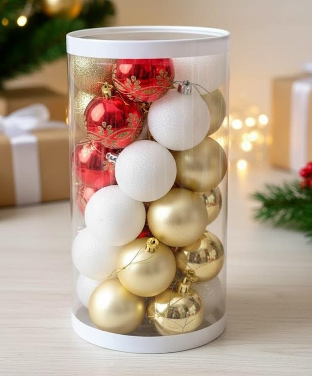 ERT-YIL-25310 YILBAŞI TOP KIRMIZI/BEYAZ/GOLD 6 CM 30 ADET PVC SİLİNDİR
