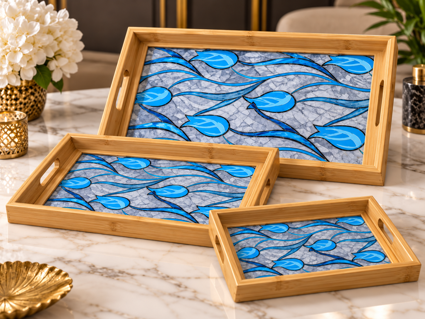 ERT-BMB-202 MAVİ LALE DALGA DESENLİ BAMBU TEPSİ 3LÜ SET 30x40 CM 25x35 CM 20x30 CM
