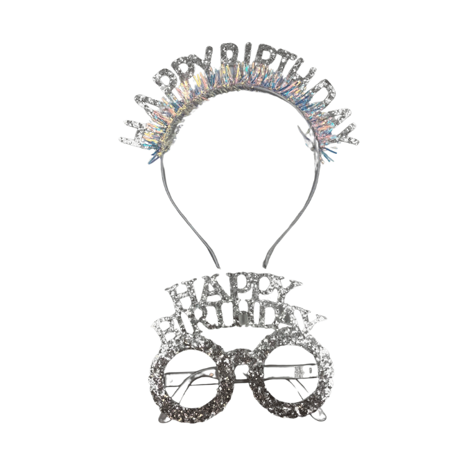 ERT-TAC-101-GMS HAPPY BIRTHDAY GÜMÜŞ TAÇ + GÖZLÜK SET