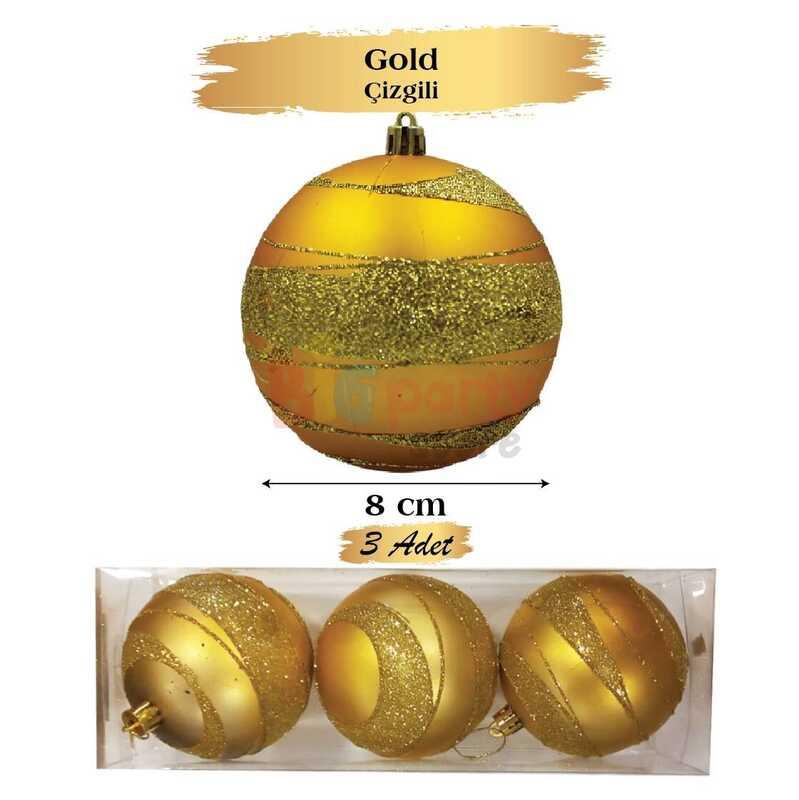 BRS-1816 YILBAŞI TOP SÜS 8 CM GOLD 3 PARÇA SİMLİ ŞERİTLİ