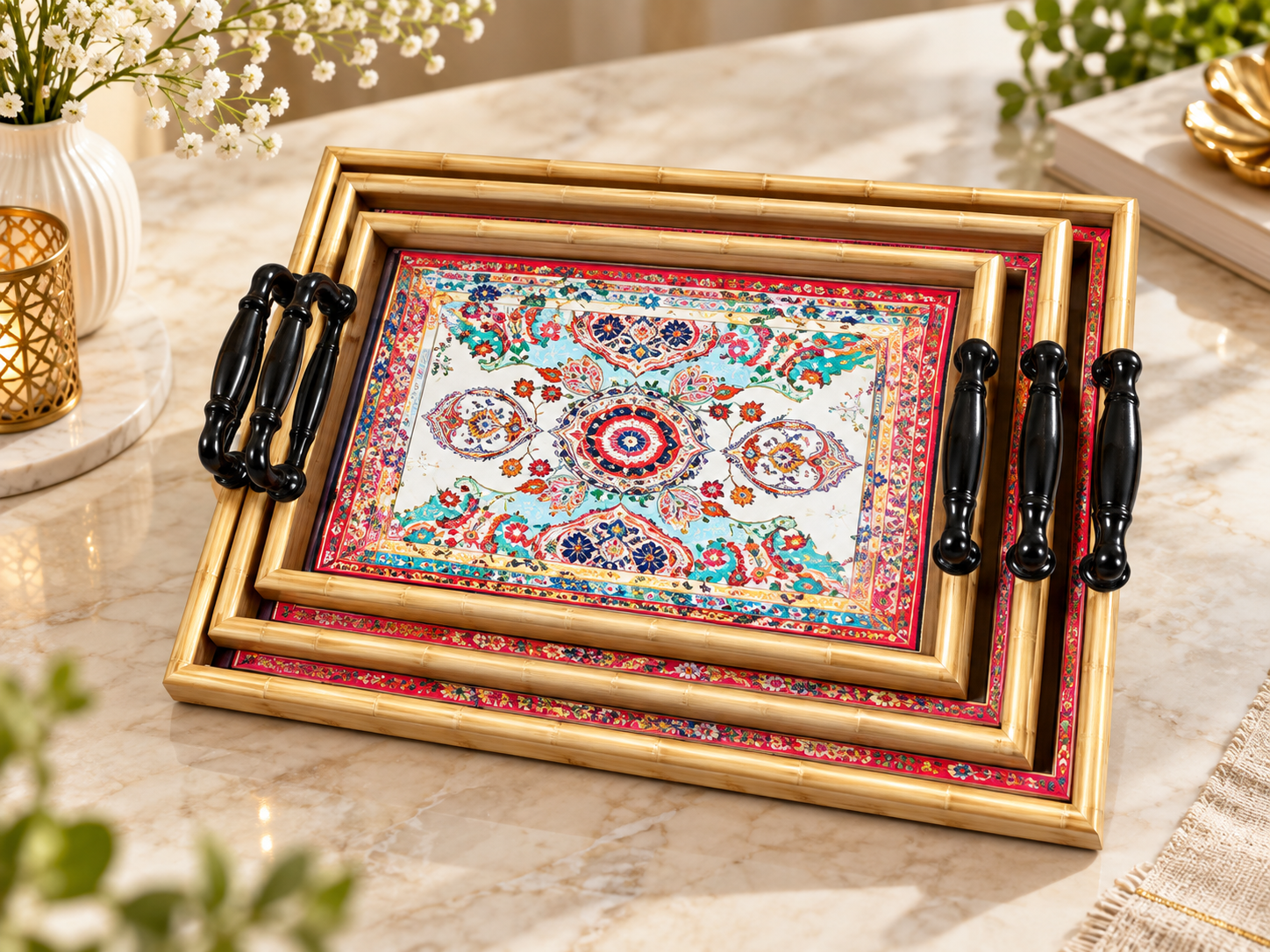ERT-BMB-206 MOTİF DESENLİ KULPLU BAMBU TEPSİ 3LÜ SET 30x40 CM 25x35 CM 20x30 CM