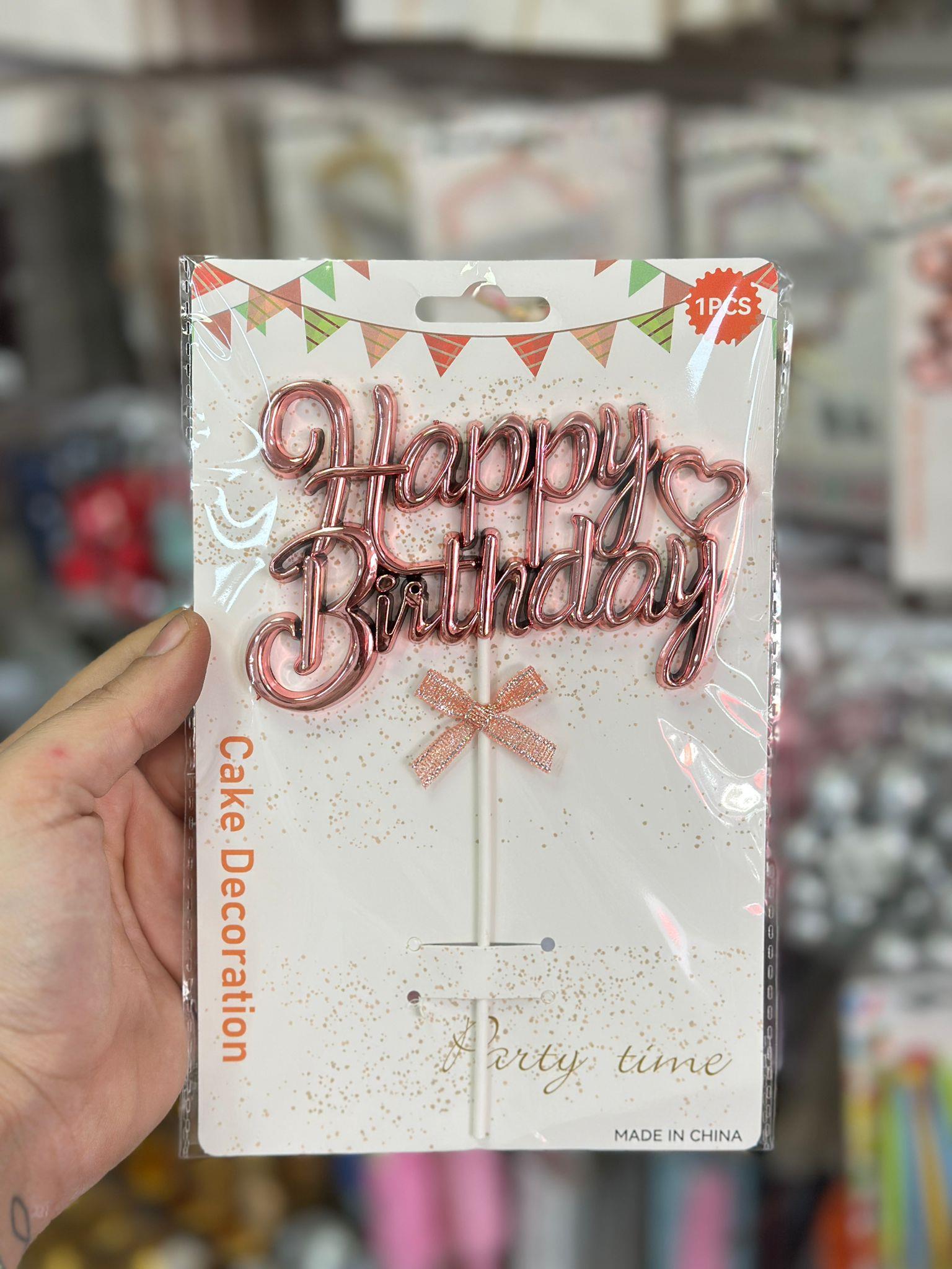 KROM RENK PASTA ÜZERİ ÇUBUKLU HAPPY BIRTHDAY ROSE GOLD