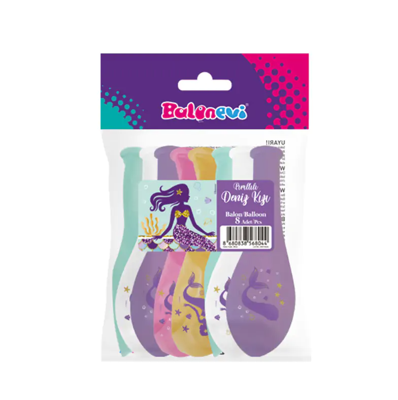 PIRILTILI DENİZ KIZI BASKILI 12 INCH BALON 8 Lİ