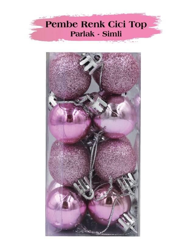 BRS-1625 YILBAŞI TOP SÜS 3 CM 16 ADET PEMBE SİMLİ - MAT- PARLAK
