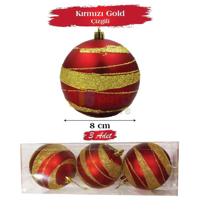 BRS-1815 YILBAŞI TOP SÜS 8 CM KIRMIZI 3 PARÇA SİMLİ ŞERİTLİ