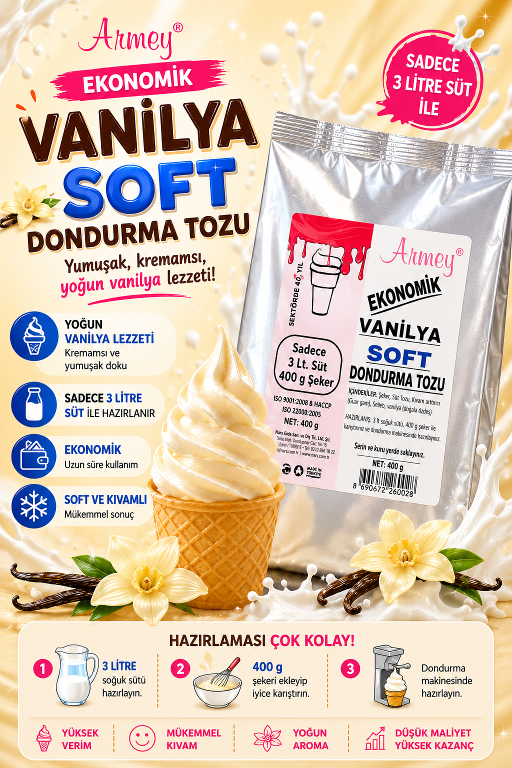 ARMEY ARO EKONOMİK SOFT VANİLYA DONDURMA TOZU 500 GR