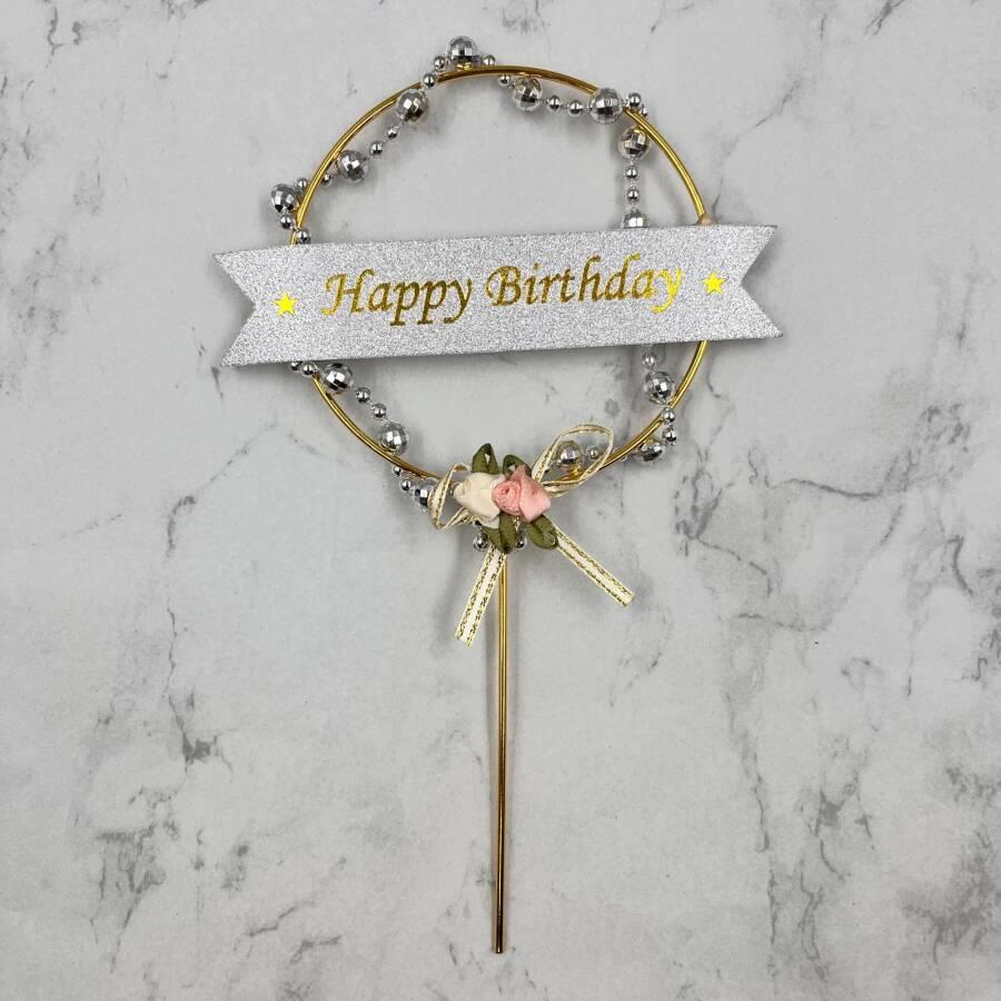 ÇUBUKLU METAL GÜMÜŞ BONCUKLU TOPPER CAKE 20 CM BRS-3288-G