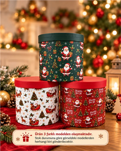 YILBAŞI ÇAM AĞACI- NOEL BABA BASKILI SİLİNDİR KUTU 21 CM BÜYÜK