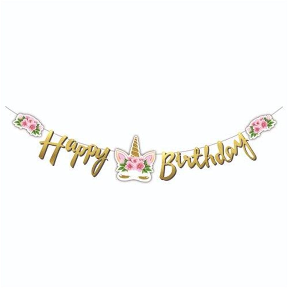  KALİGRAFİ BANNER ÇİÇEKLİ UNICORN HAPPY BIRTHDAY