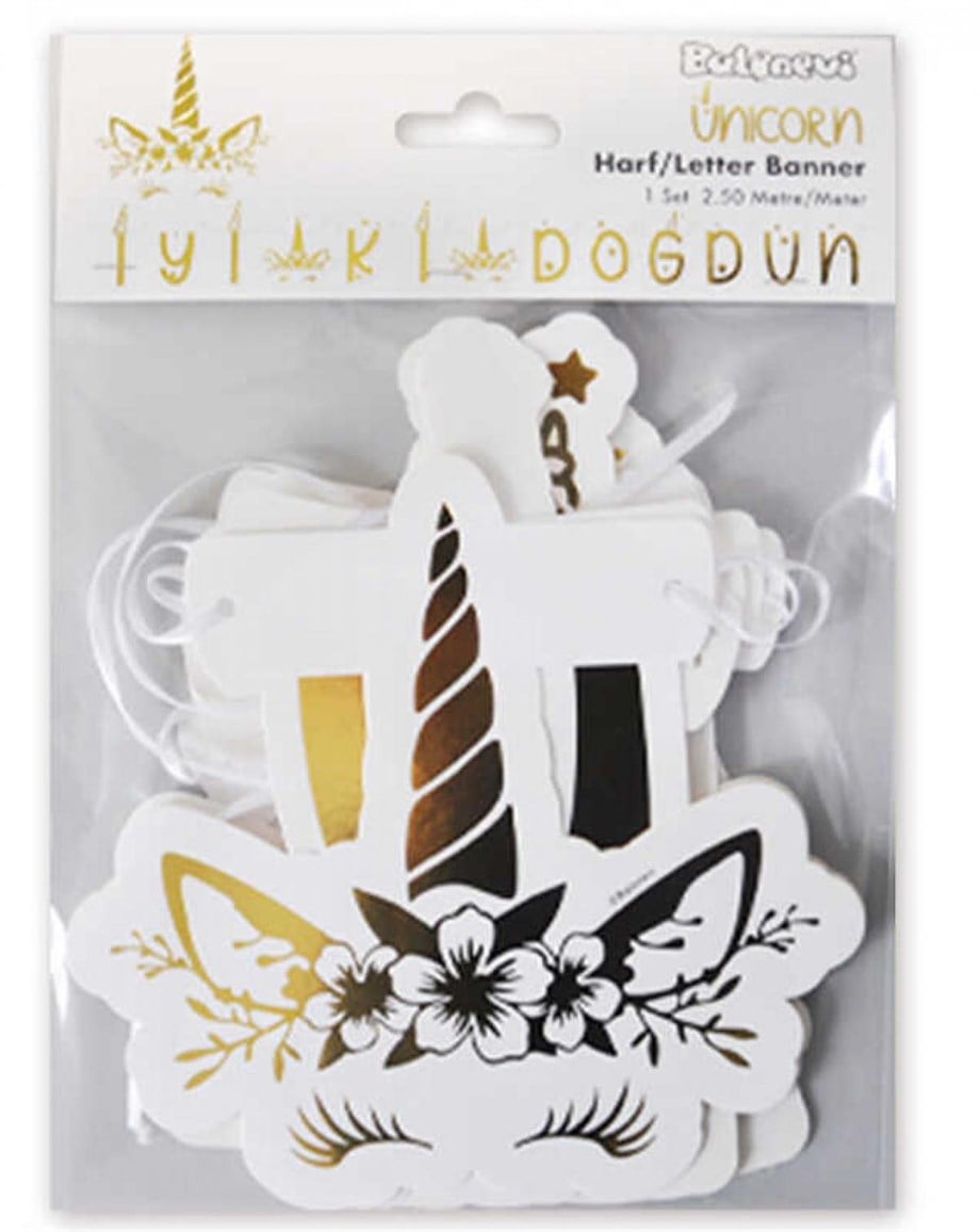  UNICORN GOLD HAPPY BIRTHDAY BANNER 2.5 MT