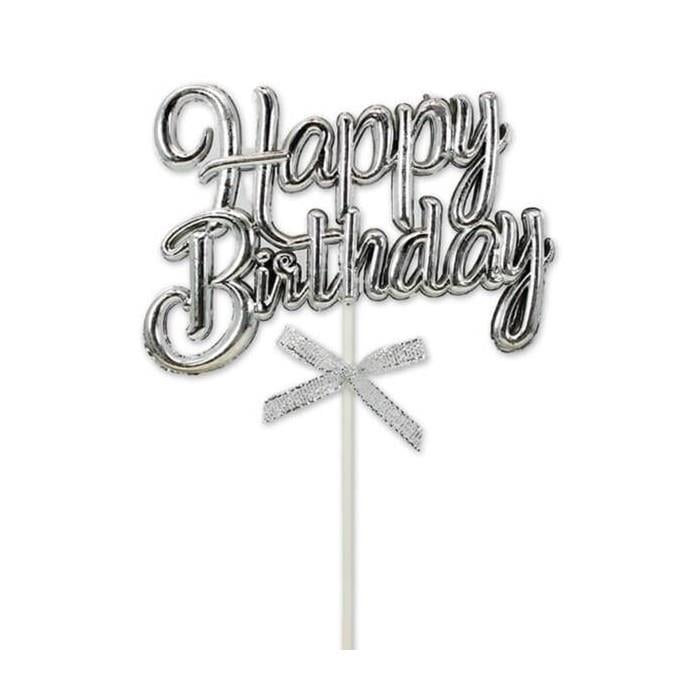 KROM RENK PASTA ÜZERİ ÇUBUKLU HAPPY BIRTHDAY  GÜMÜŞ