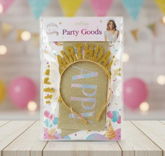 ERT-TAC-103-GLD TAÇ KUŞAK GOLD HAPPY BIRTHDAY SETİ