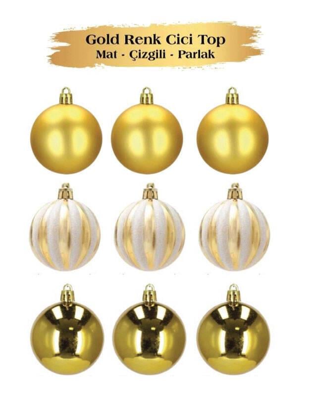 YILBAŞI TOP SÜS 6 CM 9 PARÇA MAT PARLAK ÇİZ. GOLD BRS-3568