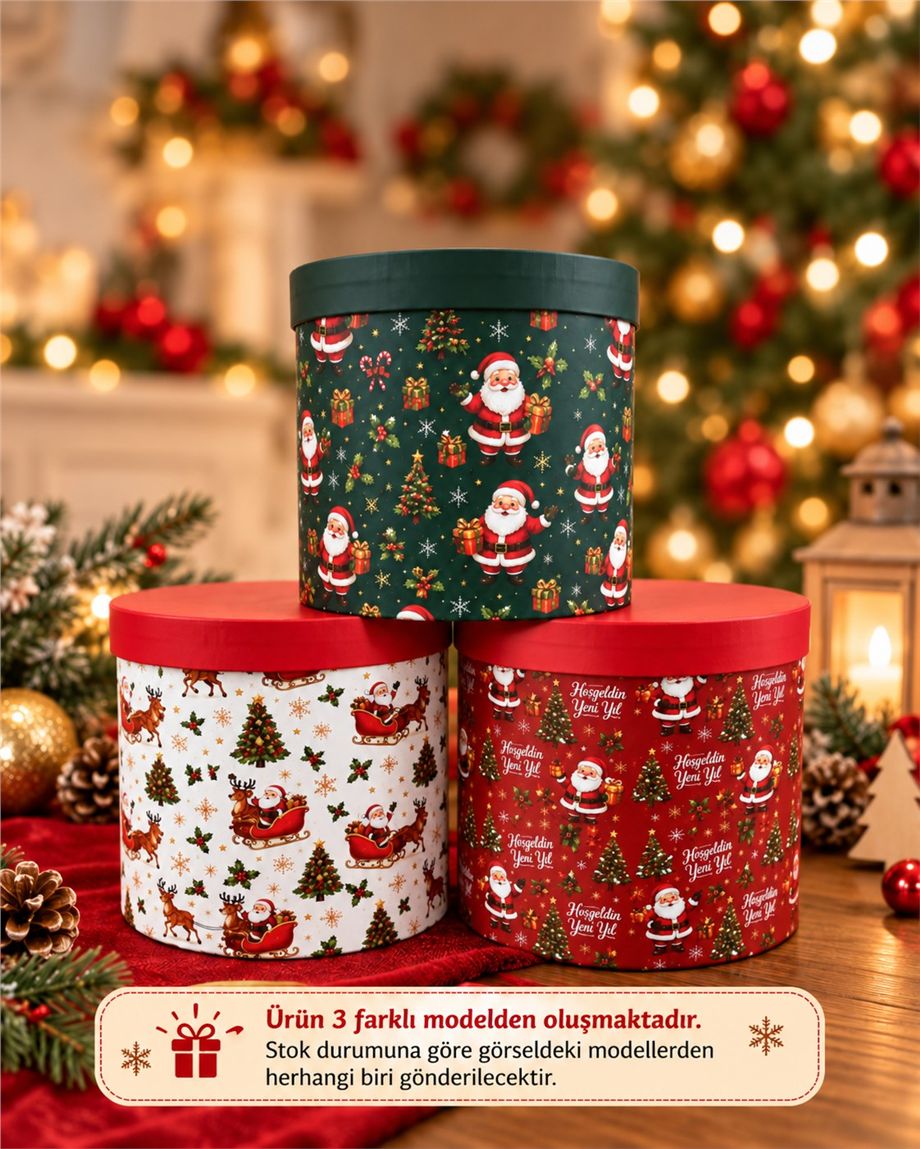 YILBAŞI ÇAM AĞACI- NOEL BABA BASKILI SİLİNDİR KUTU 21 CM BÜYÜK