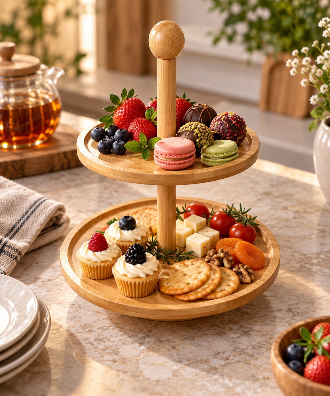 ERT-BMB-503 YUVARLAK ÇİFT KATLI BAMBU PASTA STANDI 20-25 CM