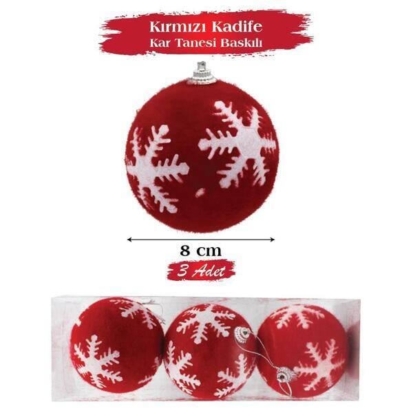 BRS-1812 YILBAŞI 3 PARÇA KIRMIZI KADİFE BEYAZ KARTANELİ 8 CM TOP SÜS