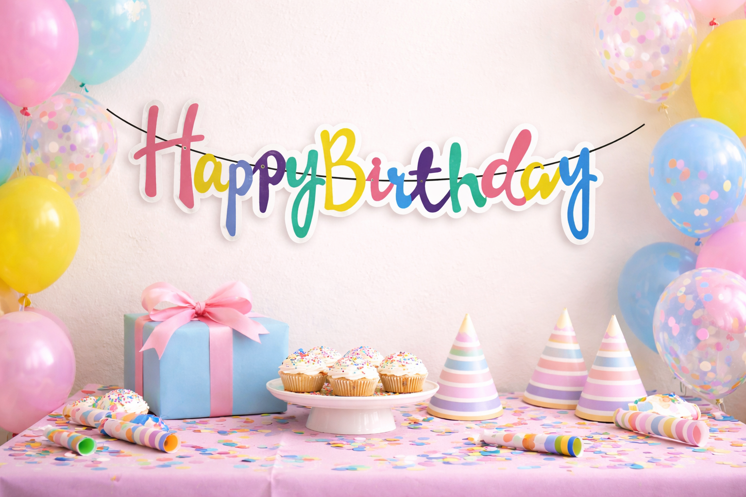 BNR-043 KARTON HAPPY BIRTHDAY KALİGRAFİ BANNER MAKARON 98 X 22 CM