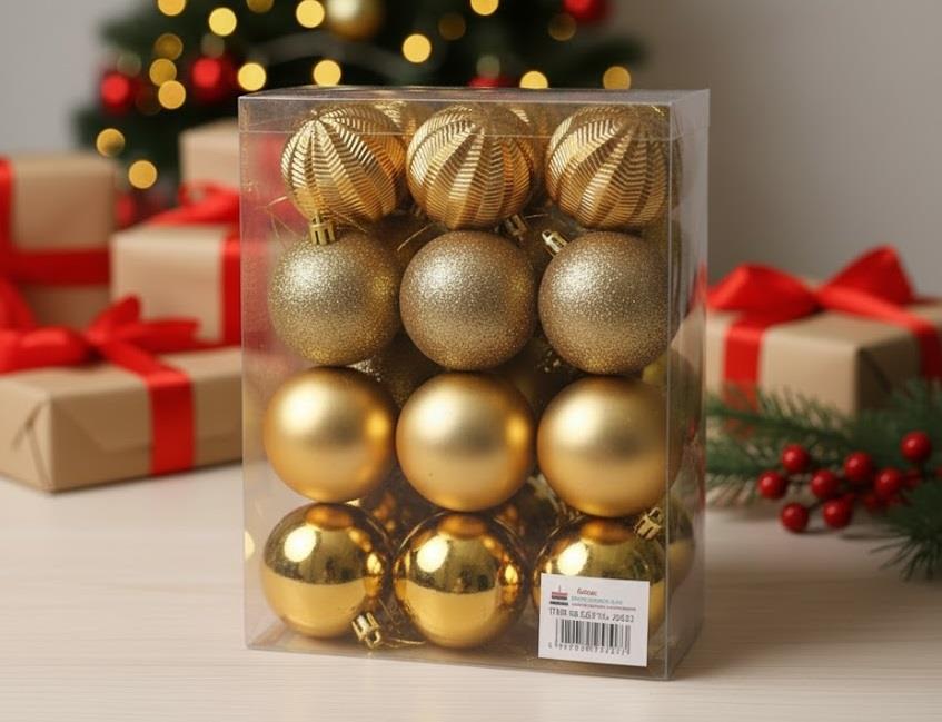ERT-YIL-25307-GLD YILBAŞI TOP GOLD SİMLİ PARLAK MAT 6 CM 24 ADET PVC KUTULU