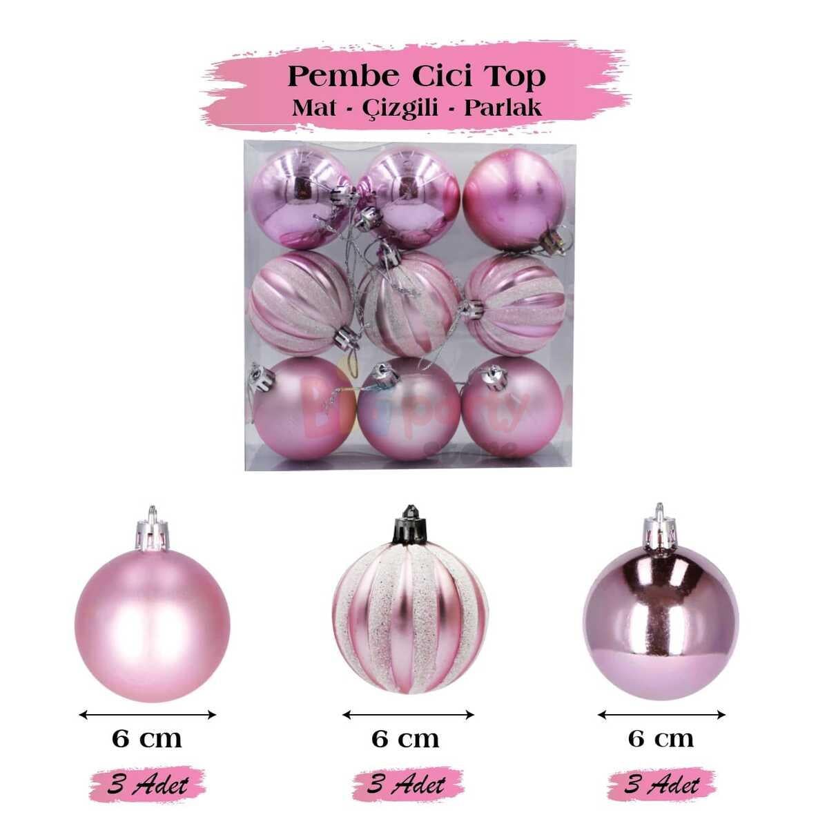 BRS-1684 YILBAŞI TOP SÜS 6 CM 9 ADET PEMBE MAT-PARLAK
